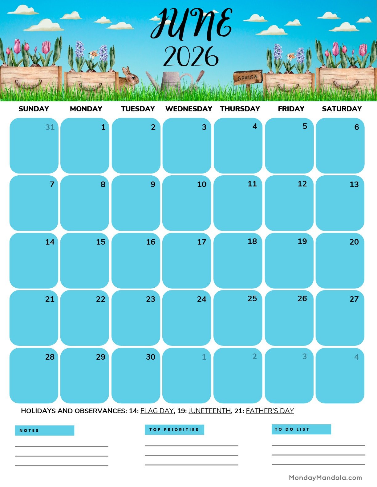 June 2026 Calendar Printable Gardening Portrait v2