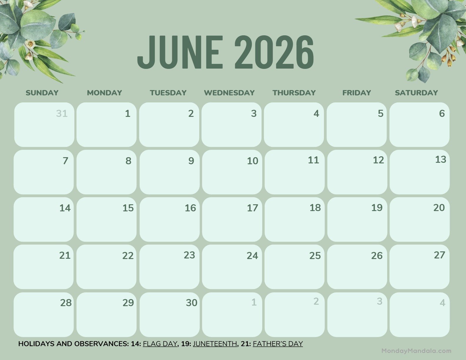 June 2026 Calendar Printable Green Landscape v2