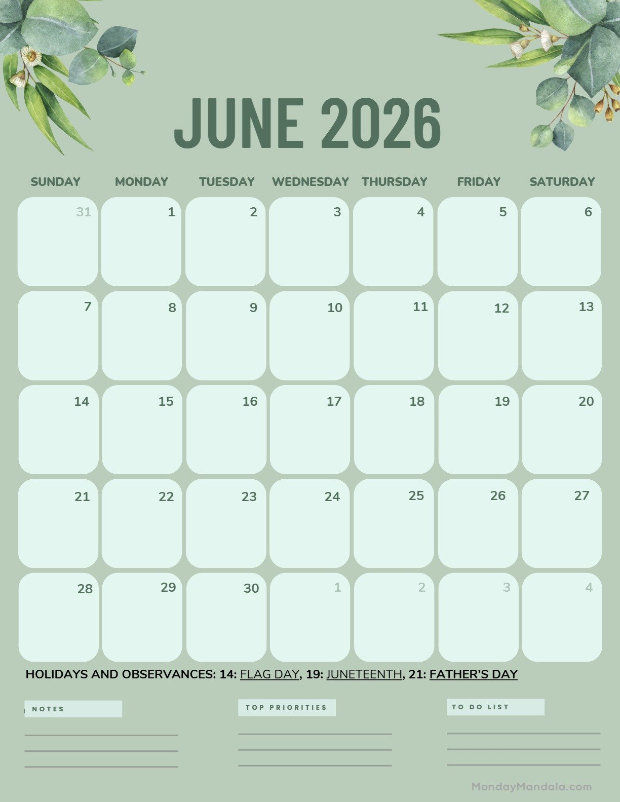 June 2026 Calendar Printable Green Portrait v2