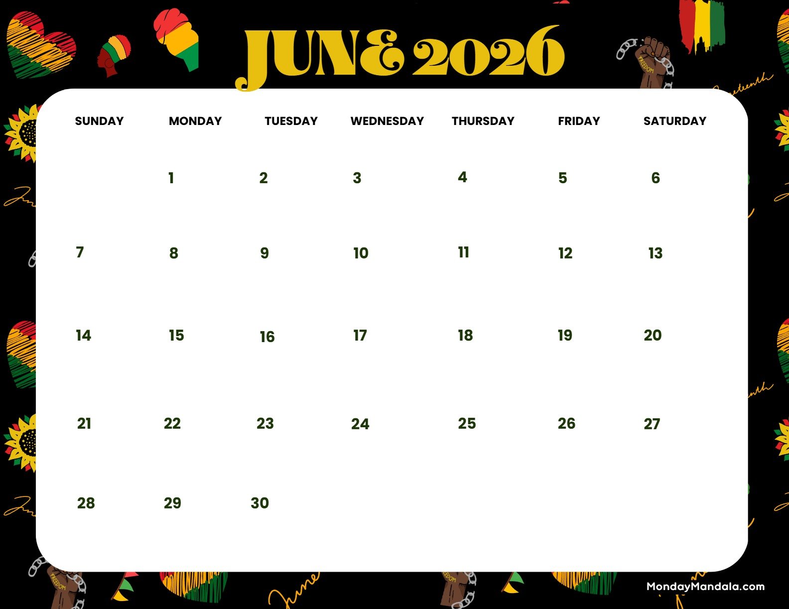 June 2026 Calendar Printable Juneteenth 2 Landscape v2