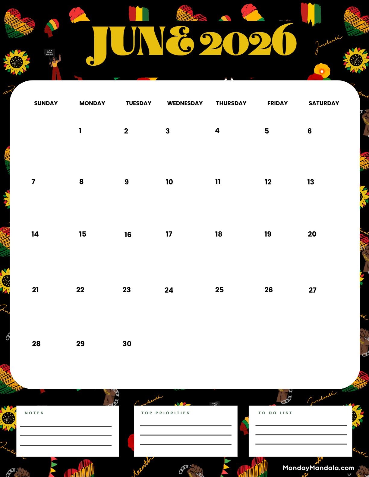 June 2026 Calendar Printable Juneteenth 2 Portrait v2