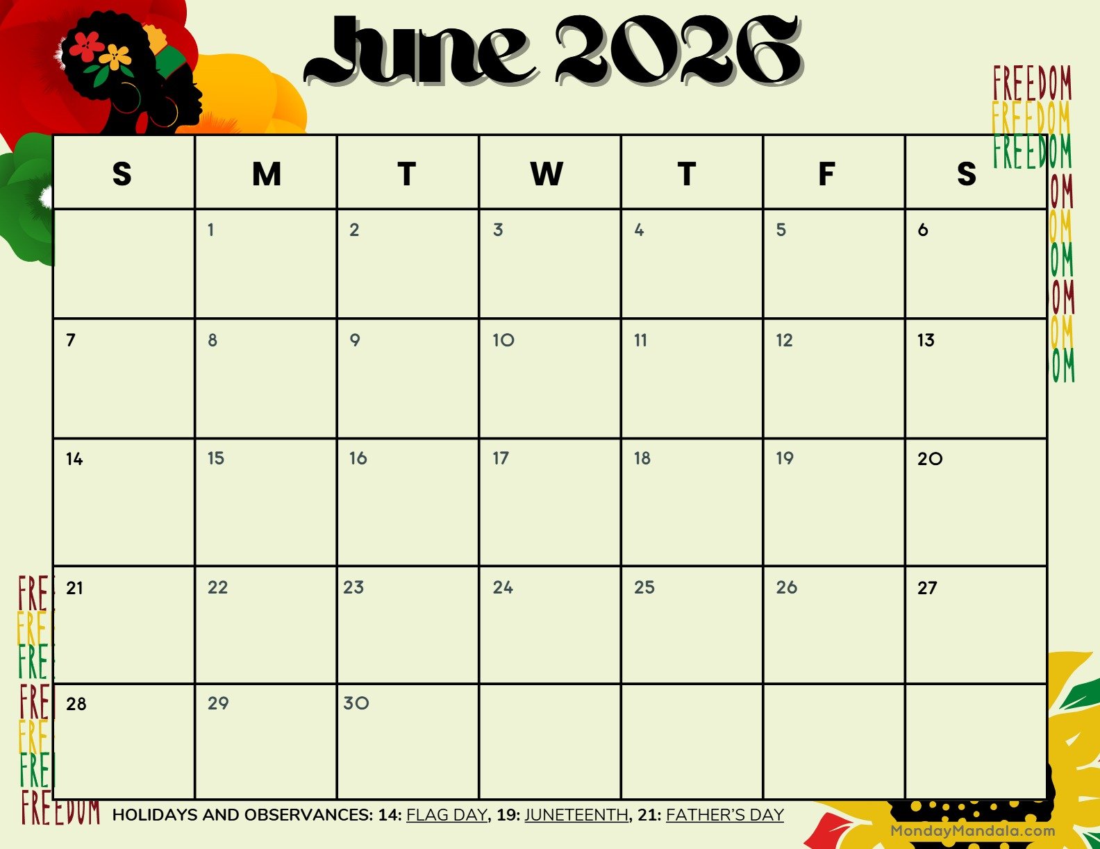 June 2026 Calendar Printable Juneteenth Landscape v2
