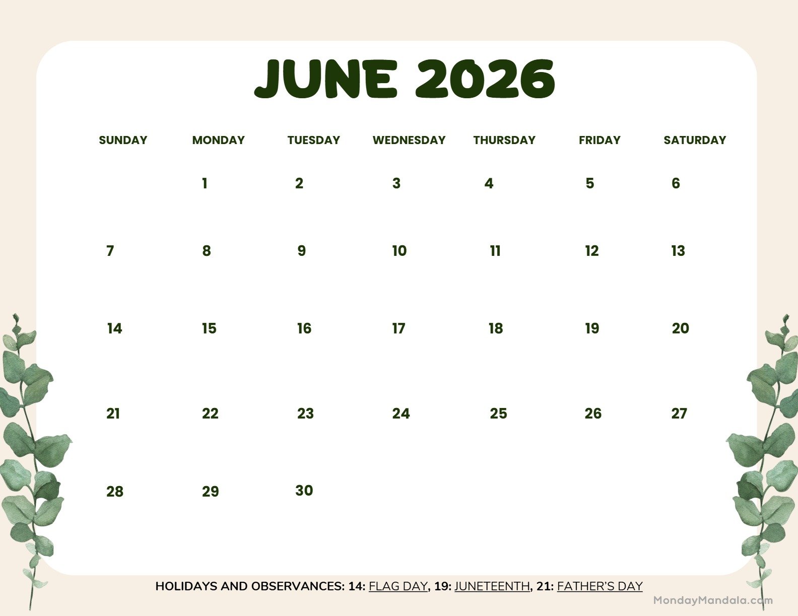June 2026 Calendar Printable Leaves Landscape v2