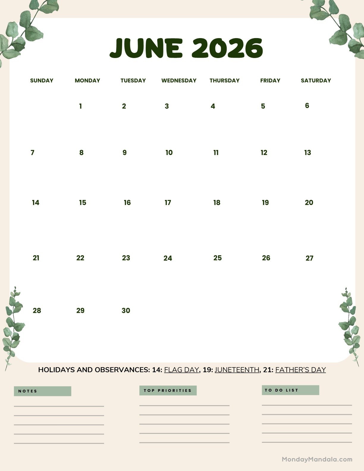 June 2026 Calendar Printable Leaves Portrait