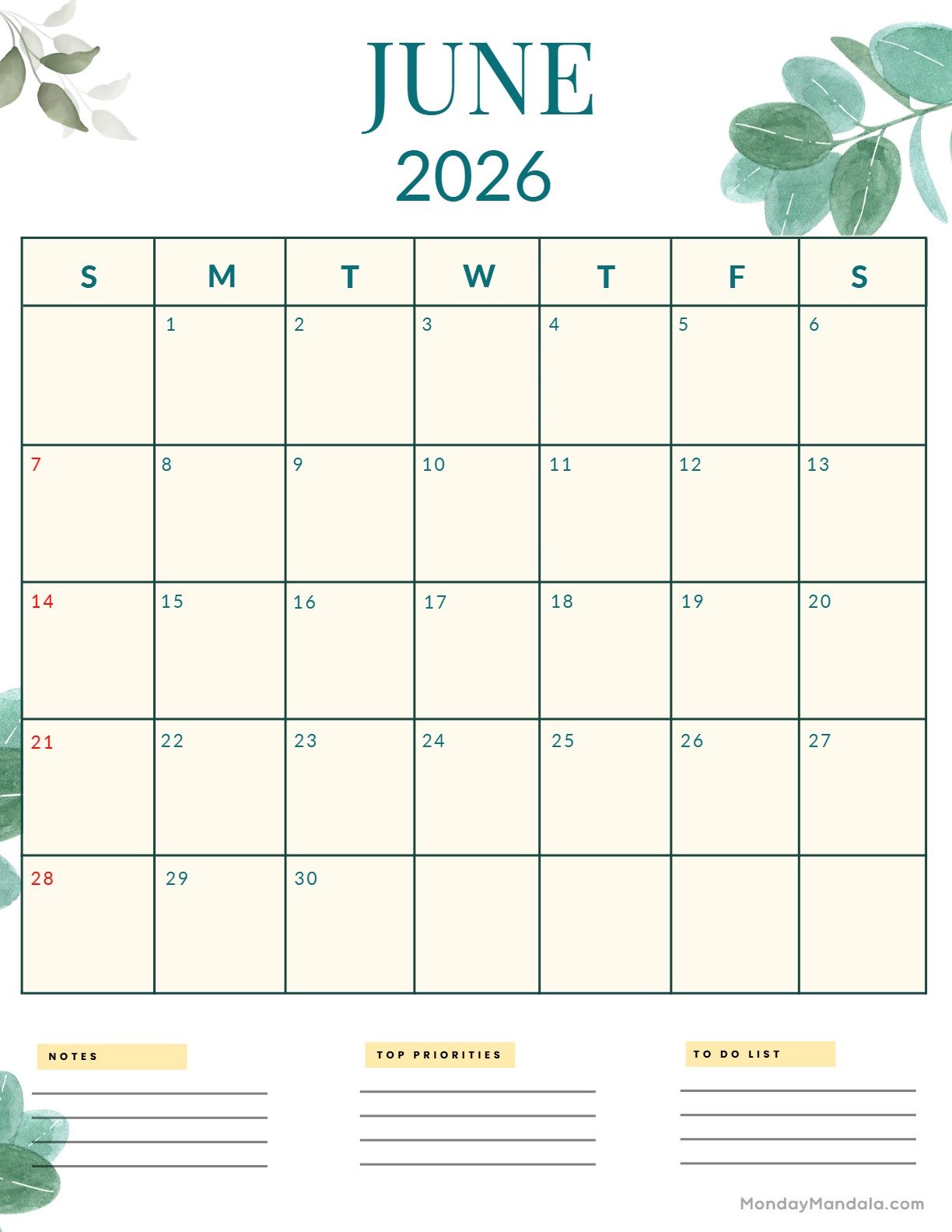 June 2026 Calendar Printable Nature Portrait v2