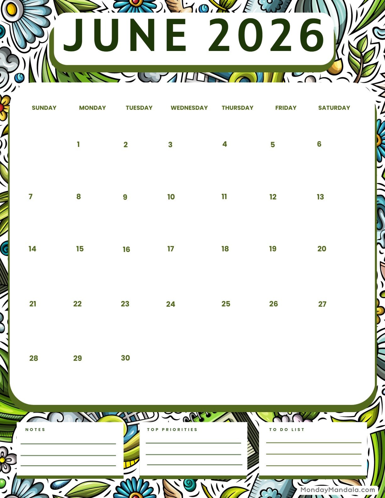 June 2026 Calendar Printable Spring Portrait v2