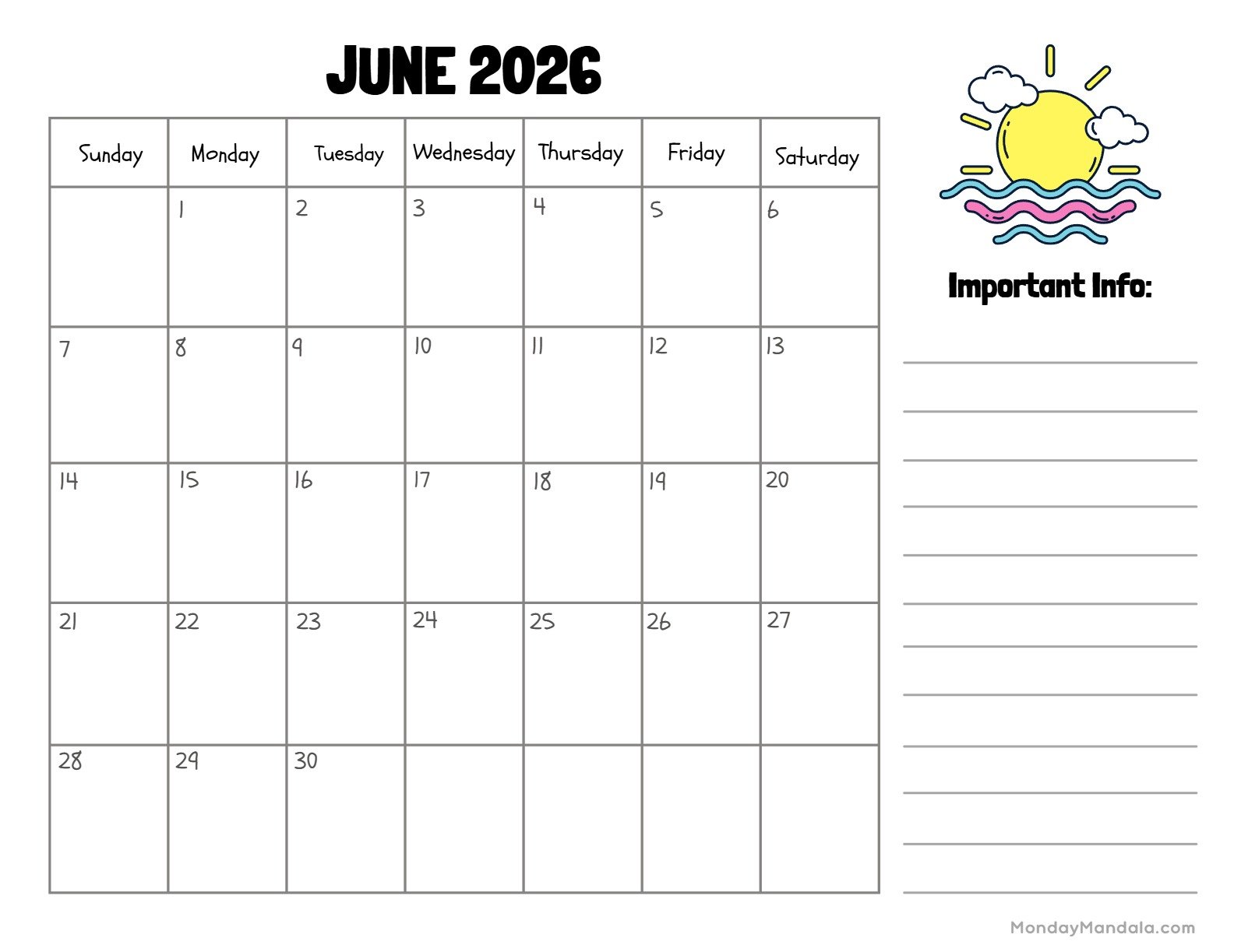 June 2026 Calendar Printable Sun Landscape v2