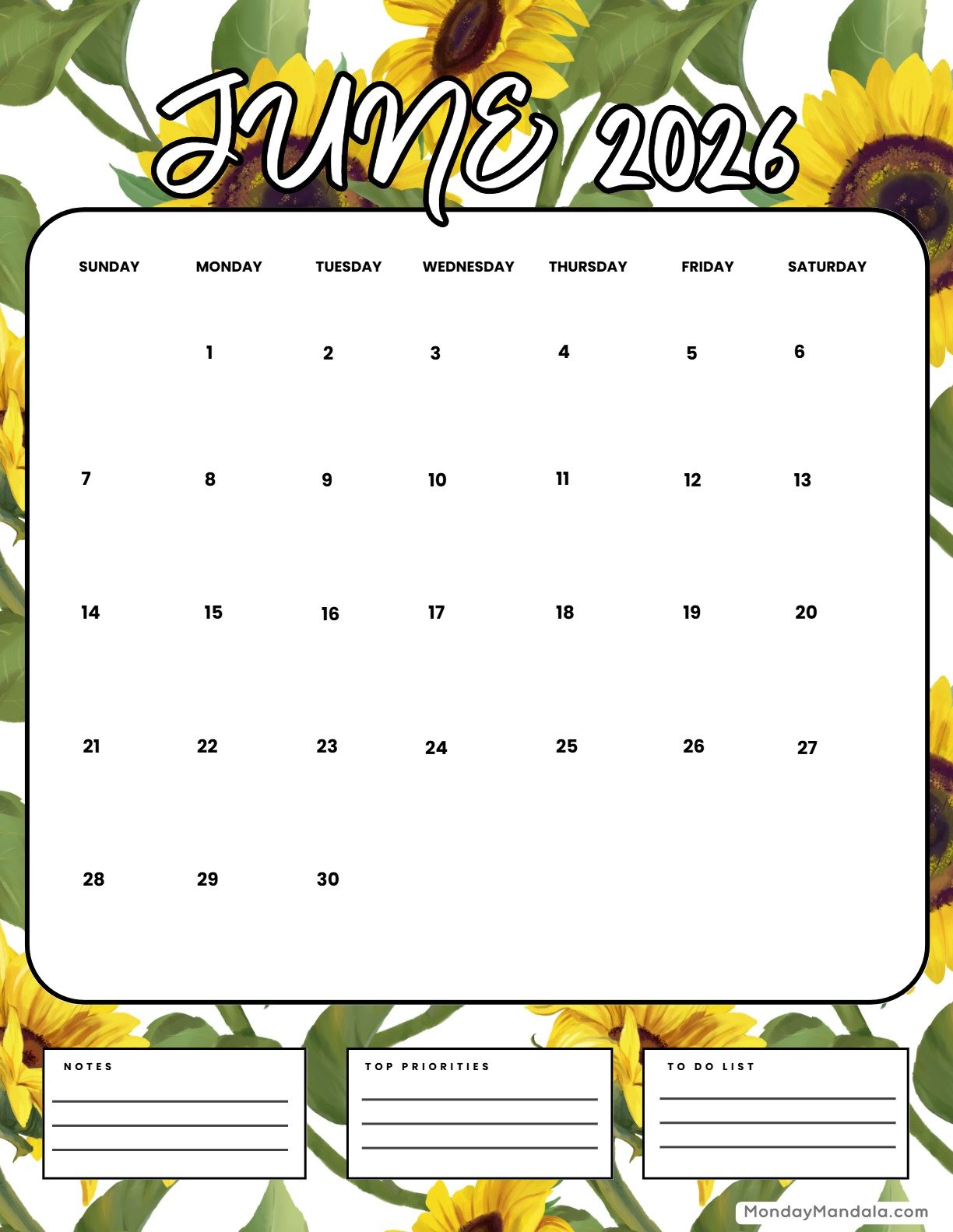 June 2026 Calendar Printable Sunflowers Portrait v2