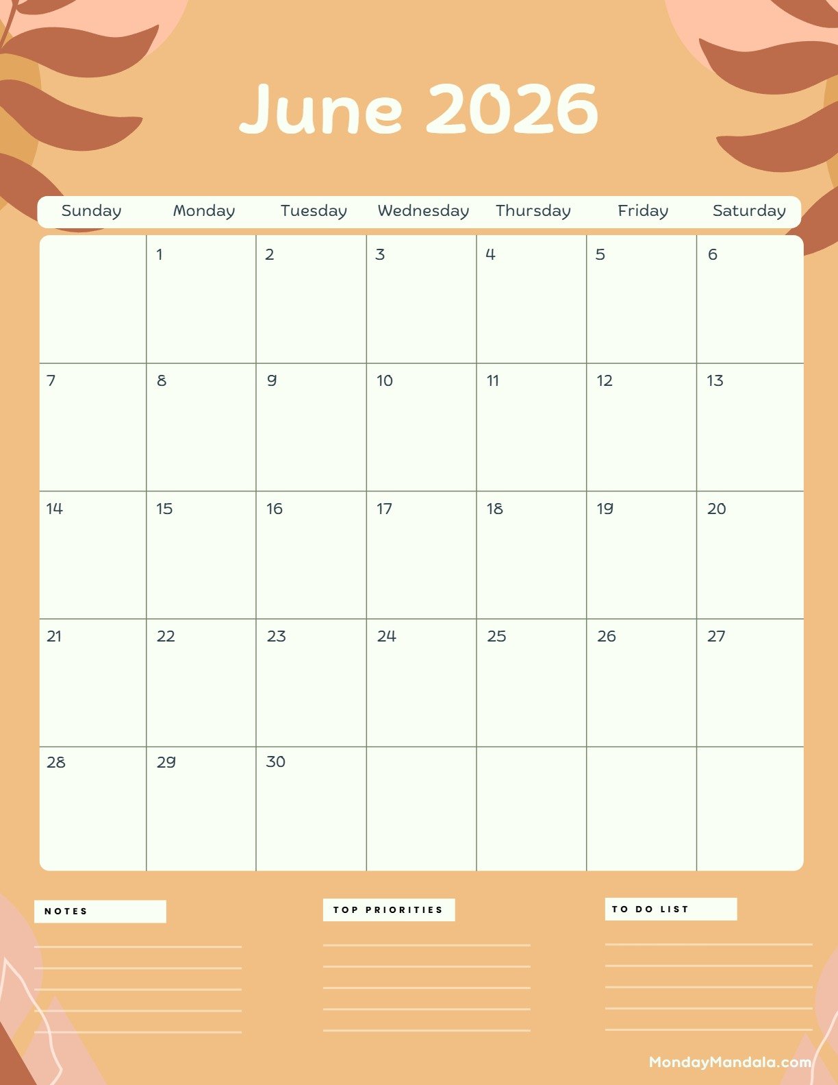 June 2026 Calendar Printable Terracotta Portrait v2