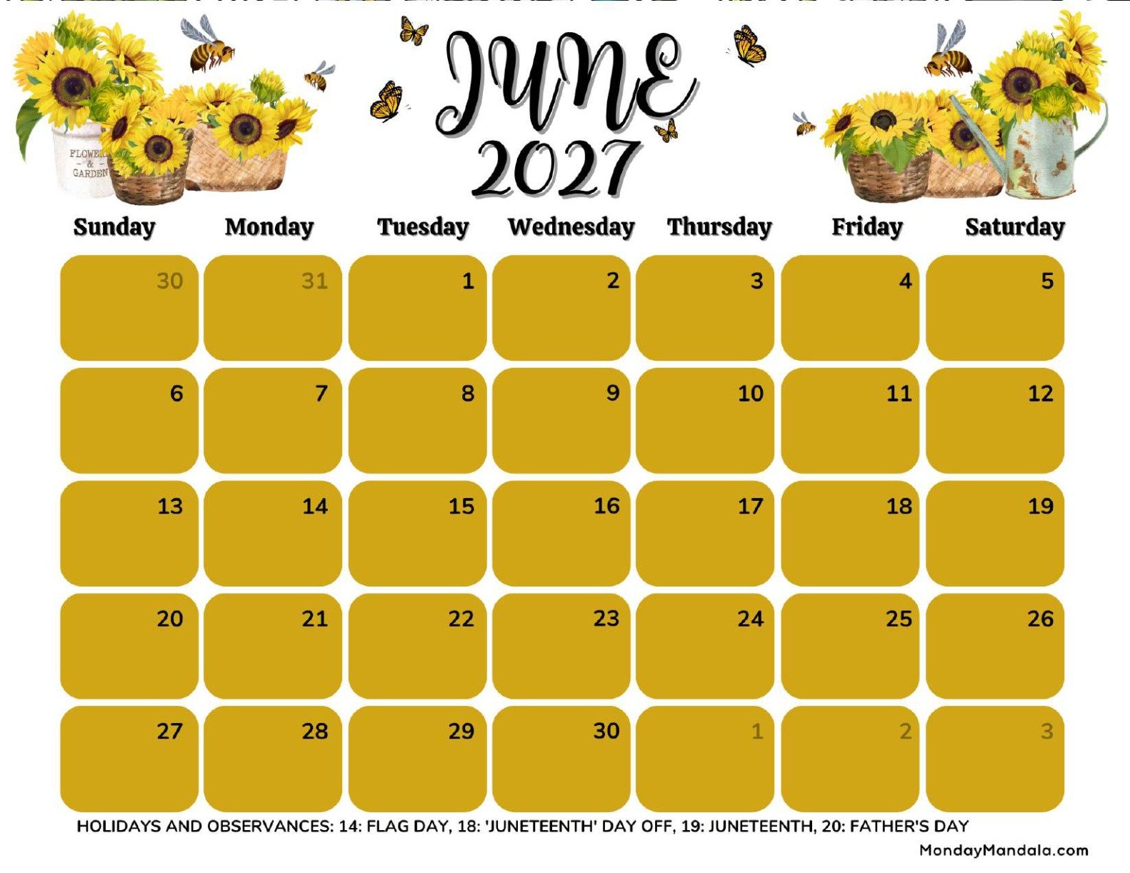 June 2027 Calendar Printable Bees Landscape