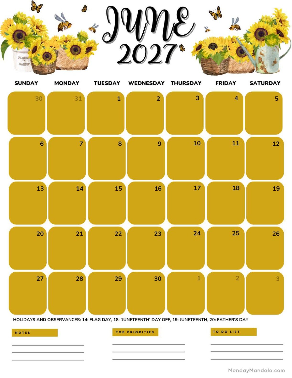 June 2027 Calendar Printable Bees Portrait