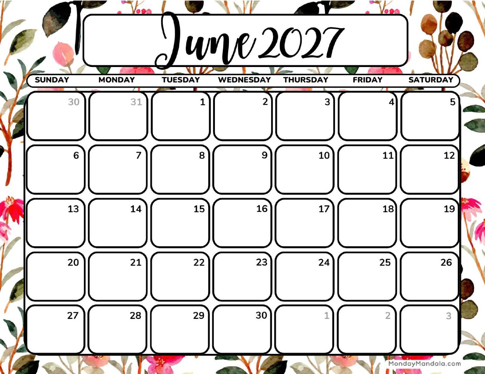 June 2027 Calendar Printable Bloom Landscape