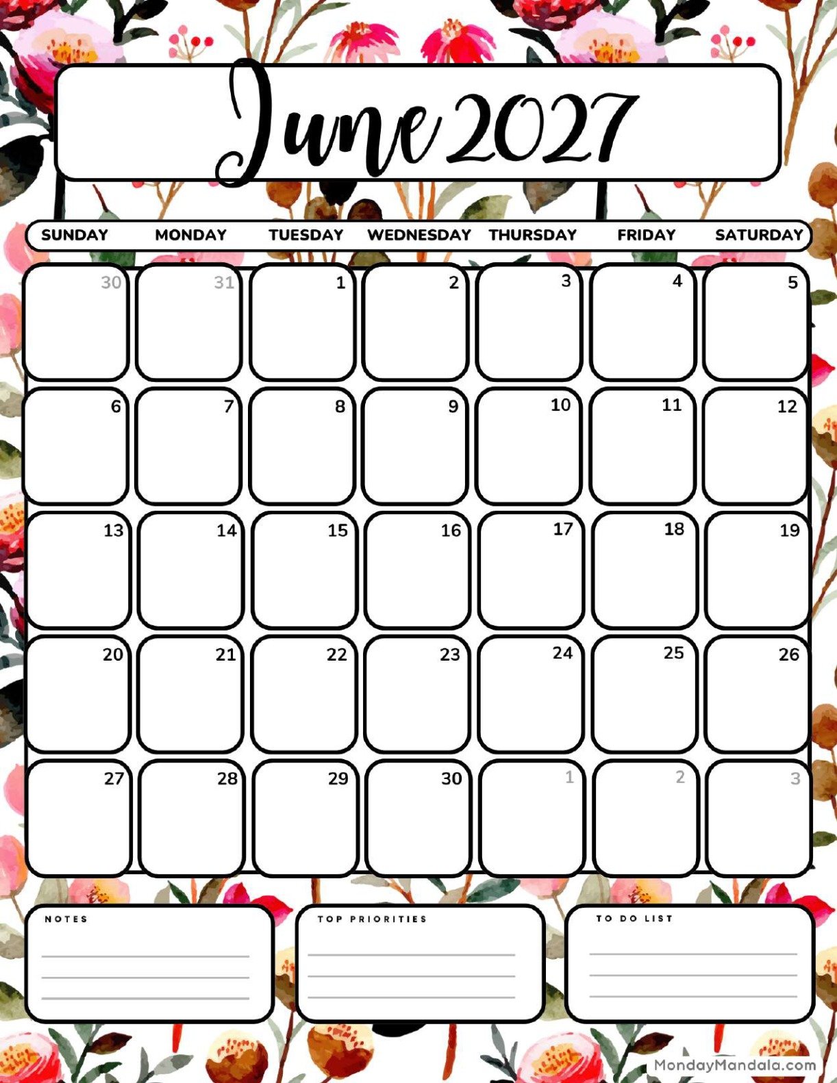 June 2027 Calendar Printable Bloom Portrait