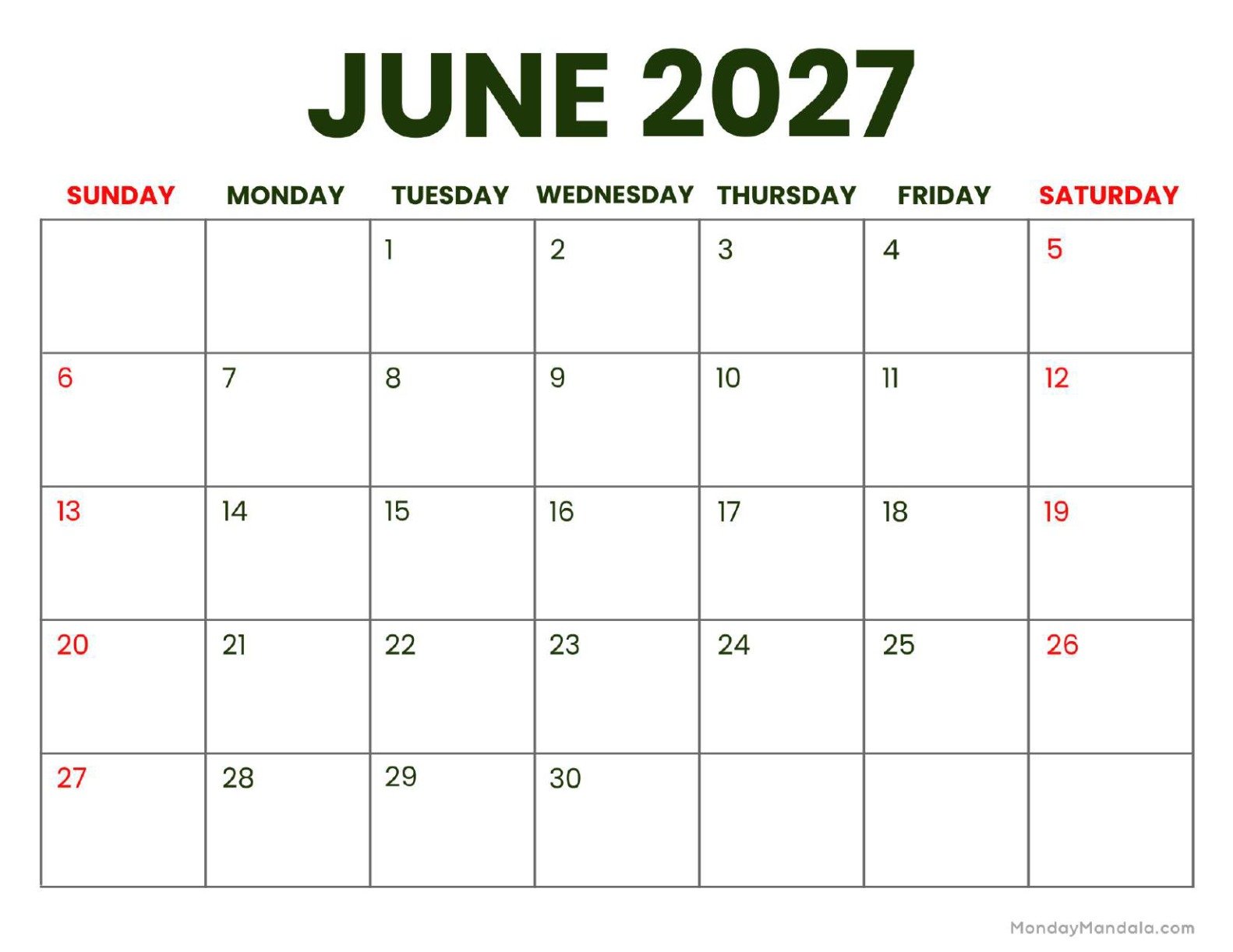 June 2027 Calendar Printable Business Landscape