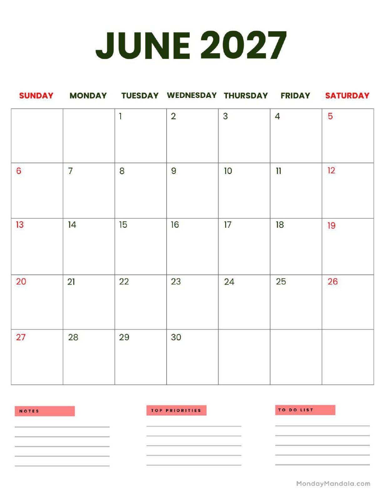 June 2027 Calendar Printable Business Portrait