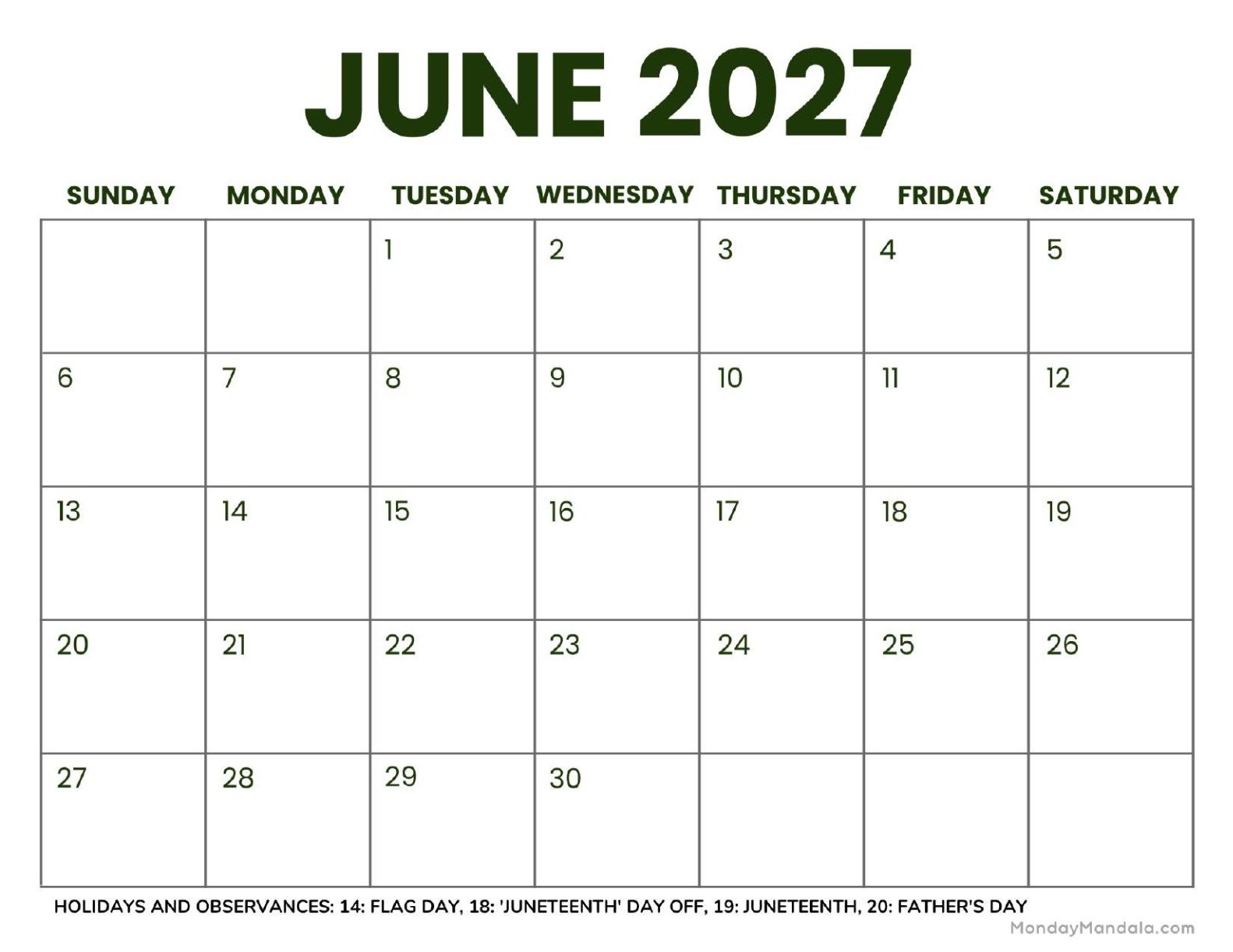 June 2027 Calendar Printable Business2 Landscape
