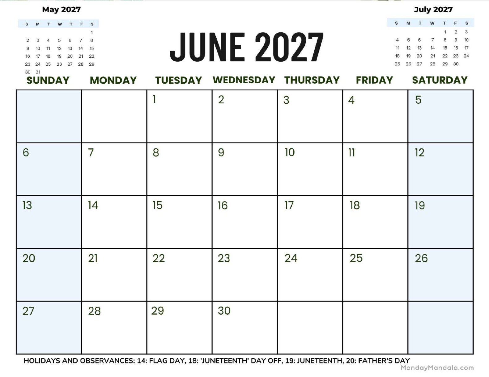 June 2027 Calendar Printable Business3 Landscape