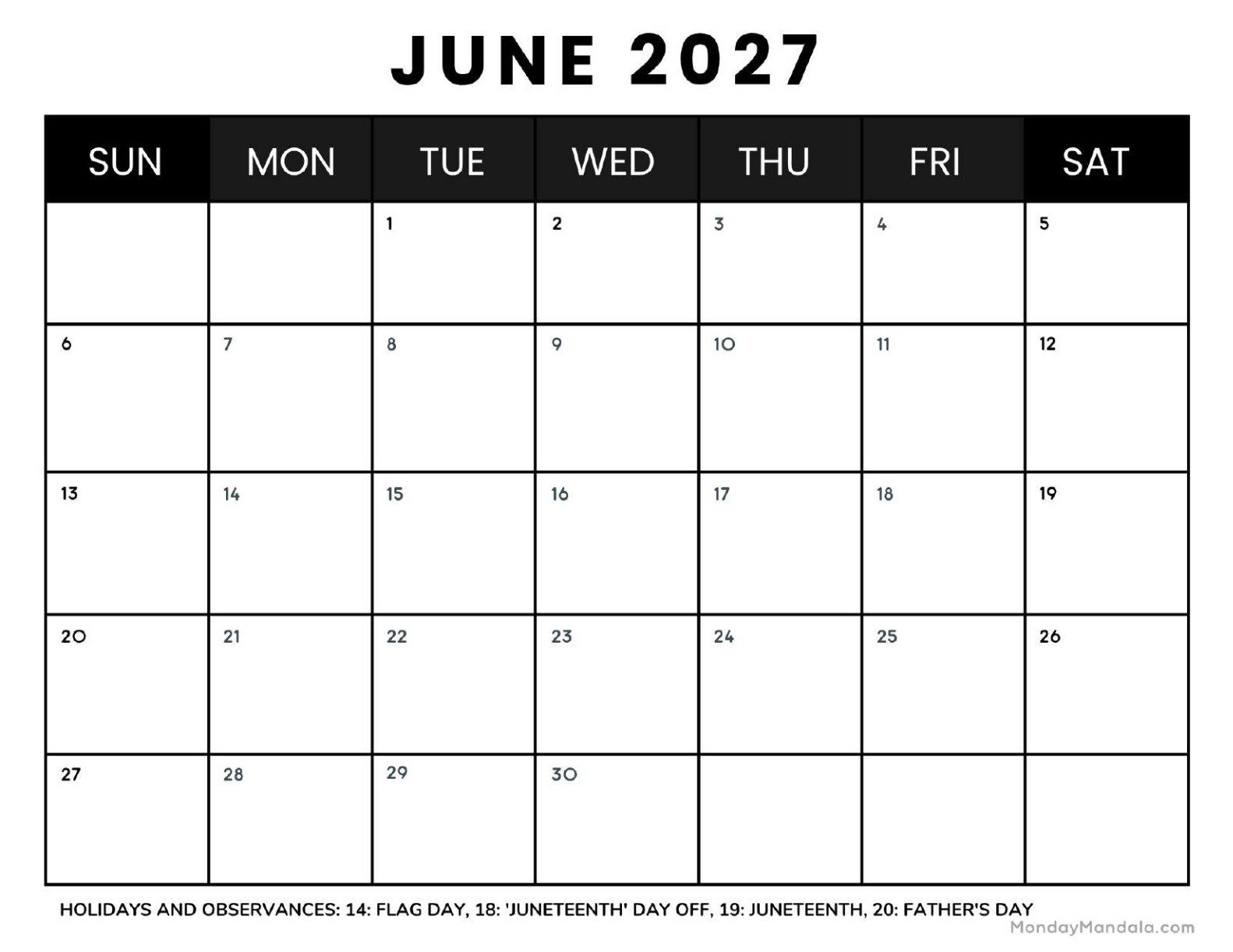 June 2027 Calendar Printable Business4 Landscape