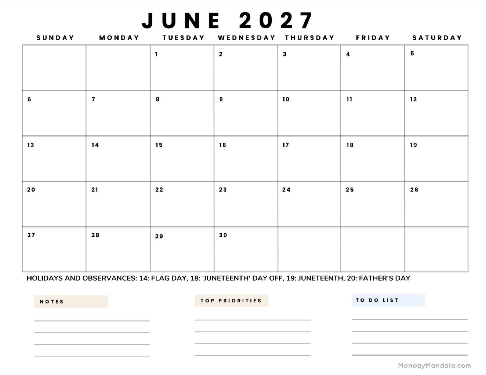 June 2027 Calendar Printable Business5 Landscape