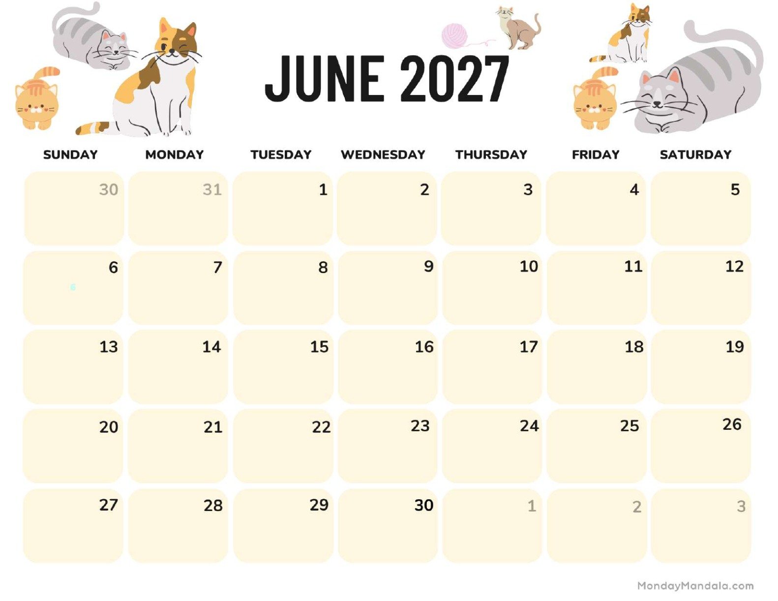 June 2027 Calendar Printable Cats Landscape