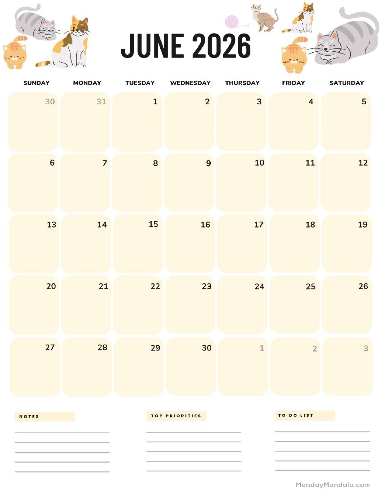 June 2027 Calendar Printable Cats Portrait