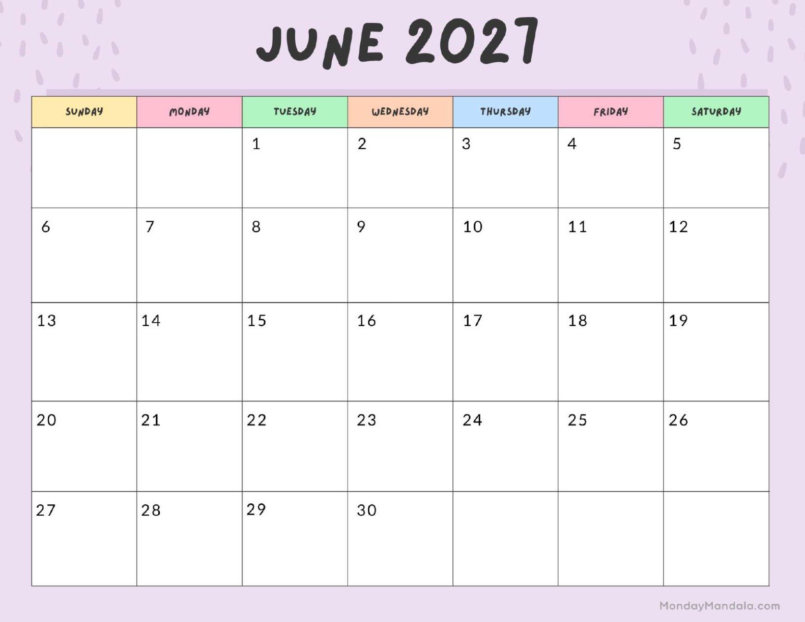 June 2027 Calendar Printable Colorful Landscape