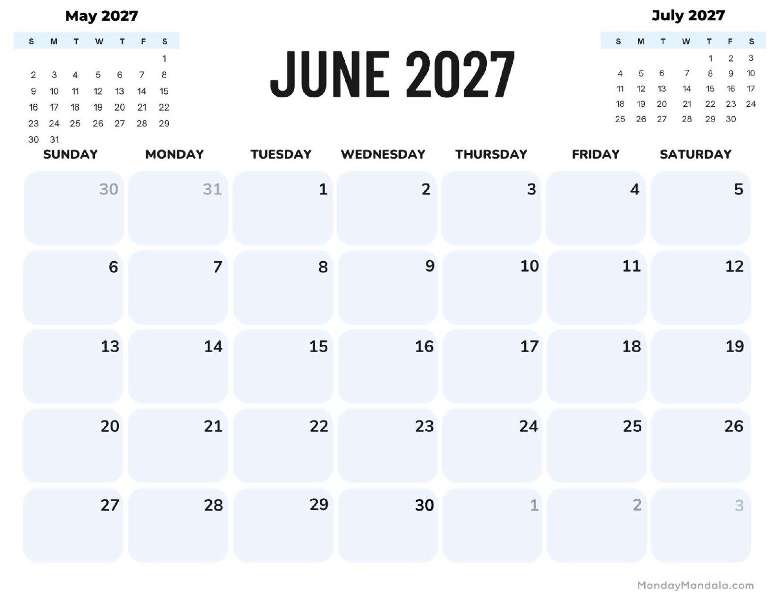 June 2027 Calendar Printable Corporate Landscape