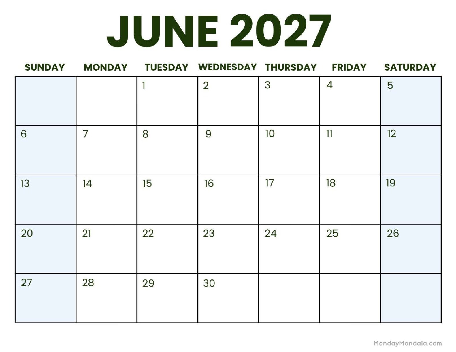 June 2027 Calendar Printable Corporate2 Landscape