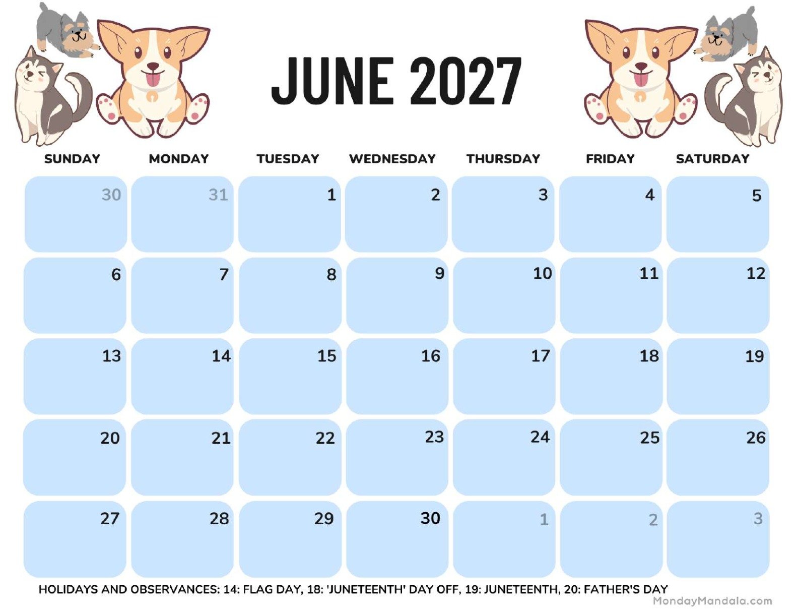 June 2027 Calendar Printable Dogs Landscape