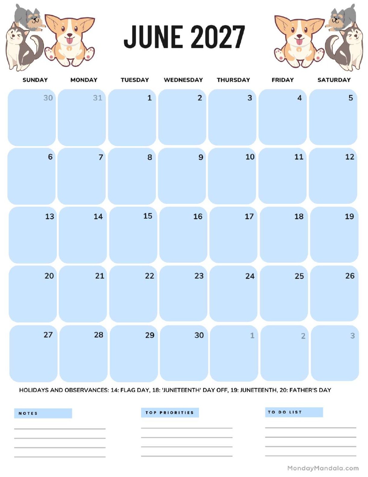 June 2027 Calendar Printable Dogs Portrait