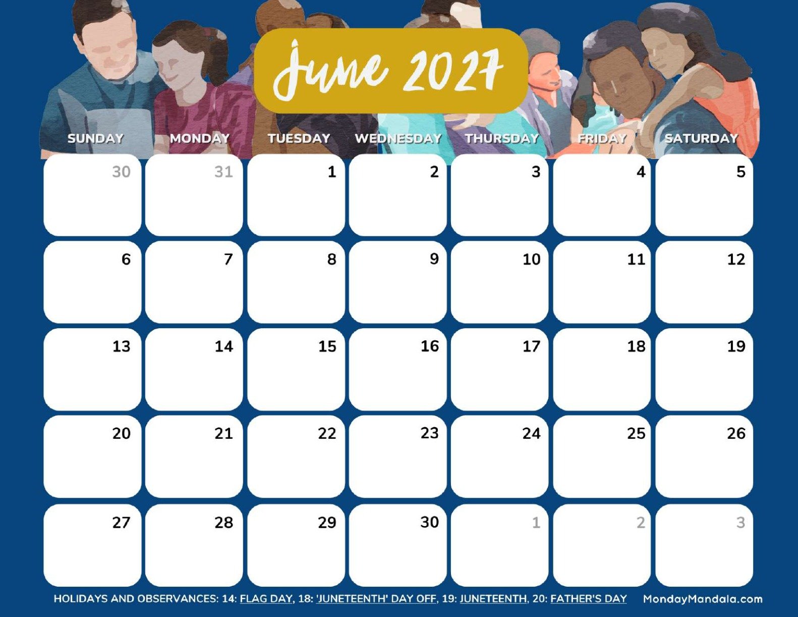 June 2027 Calendar Printable Father’s Day 3 Landscape
