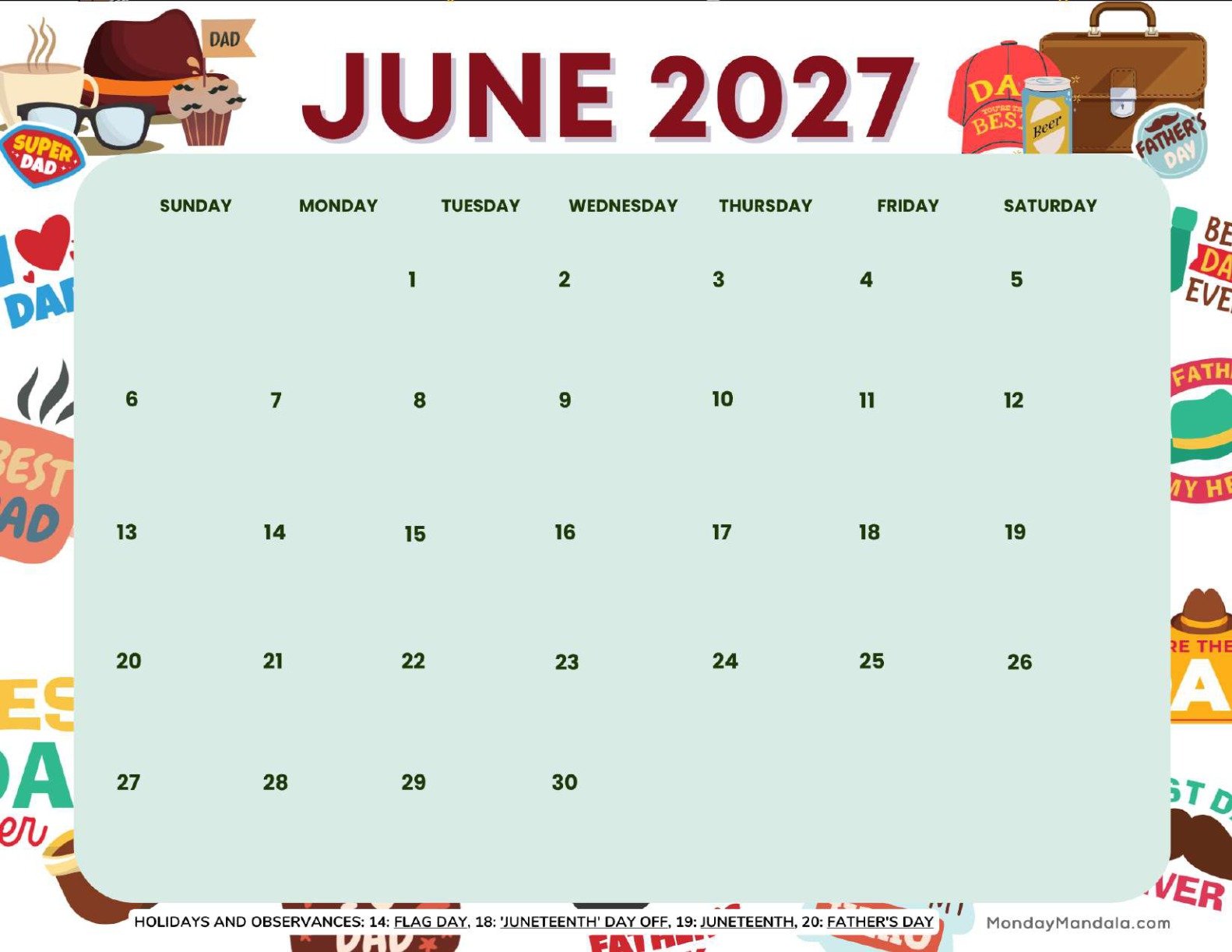 June 2027 Calendar Printable Fathers Day Landscape