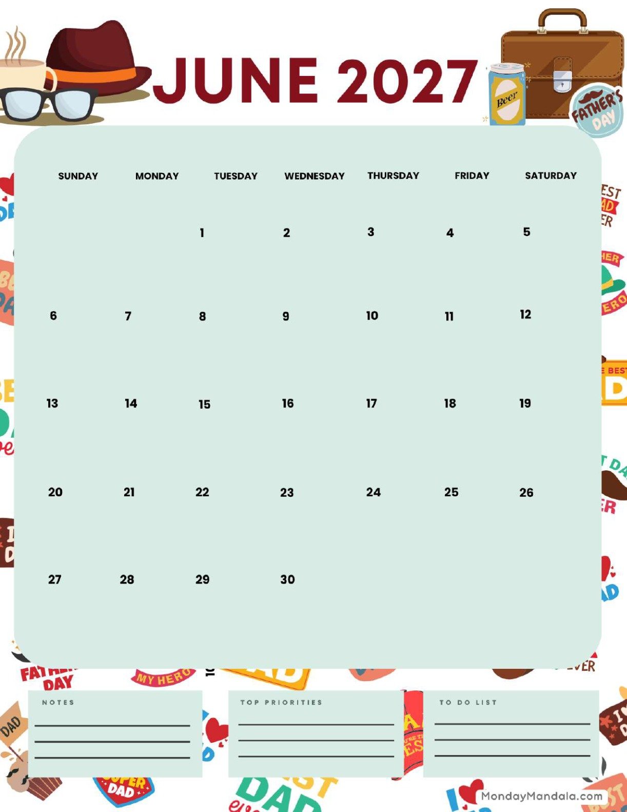 June 2027 Calendar Printable Father’s Day Portrait