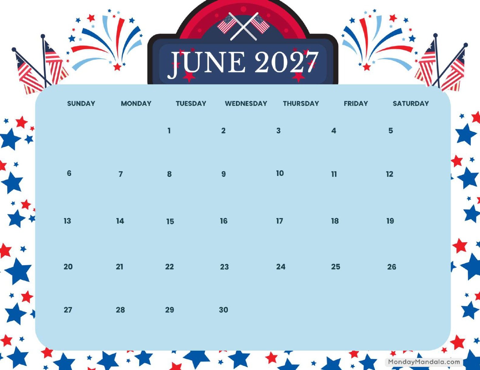 June 2027 Calendar Printable Flag Day Landscape