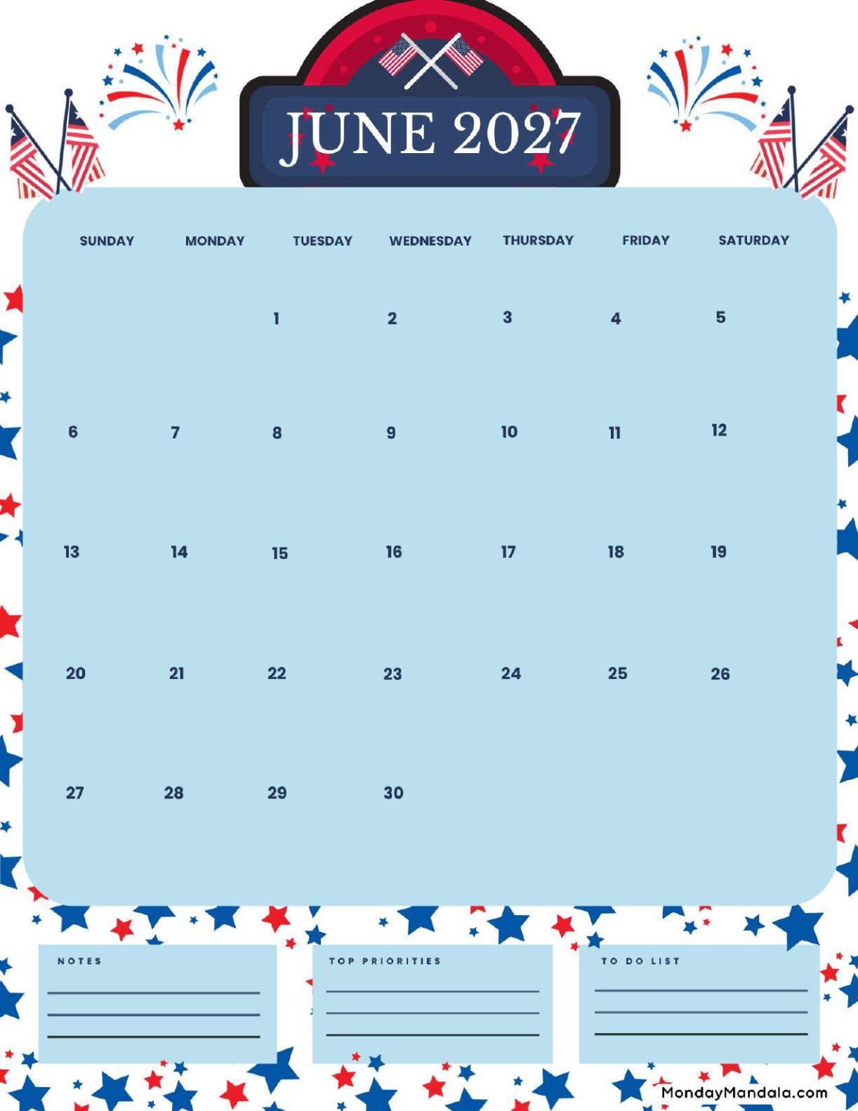 June 2027 Calendar Printable Flag Day Portrait