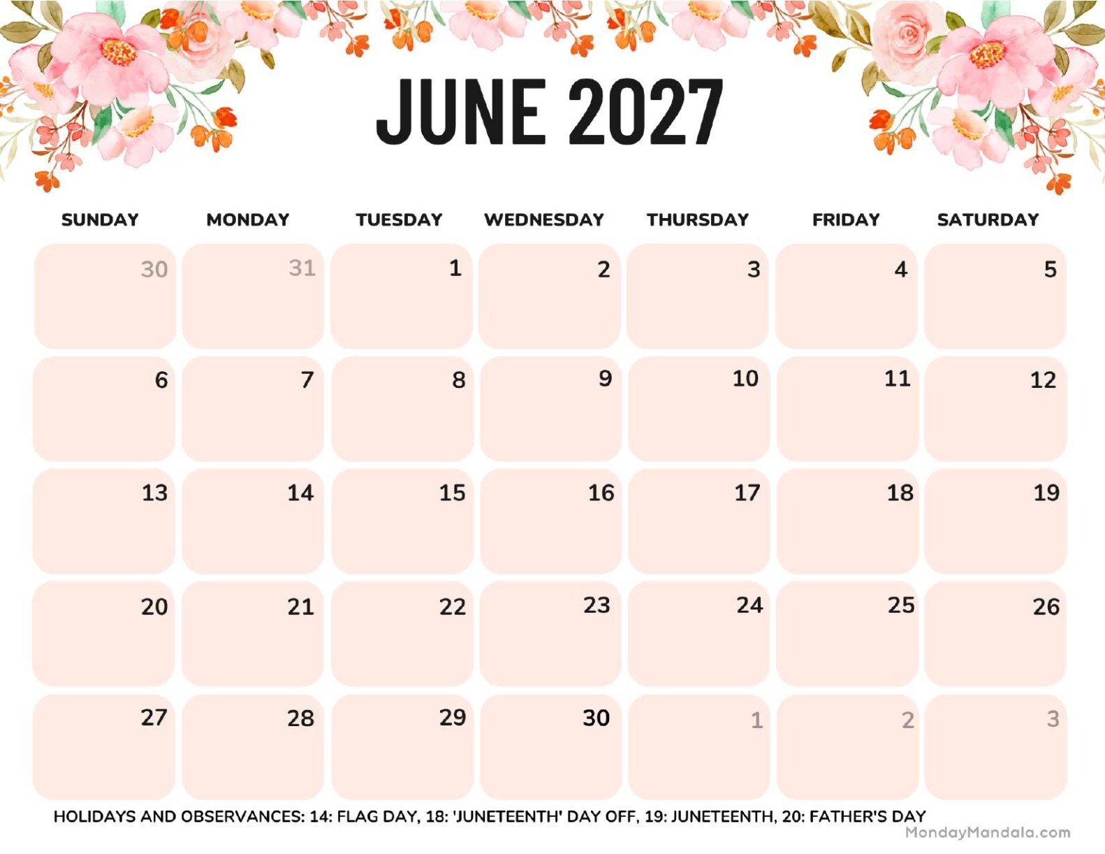 June 2027 Calendar Printable Flowers Landscape