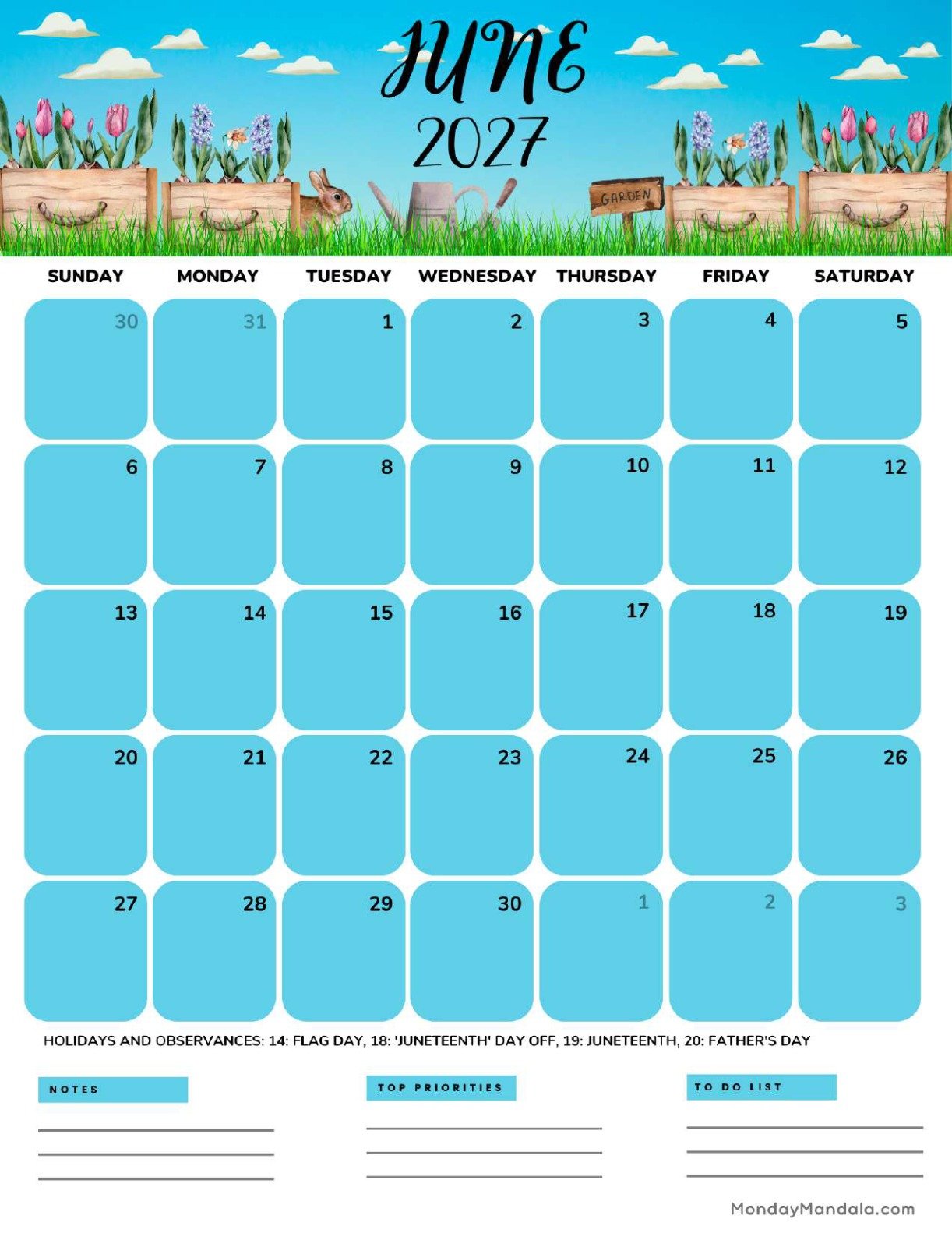 June 2027 Calendar Printable Gardening Portrait