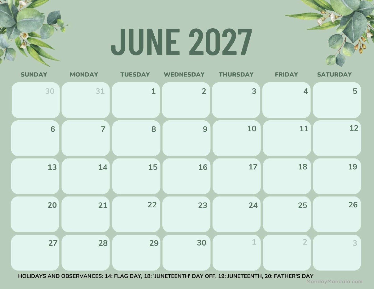 June 2027 Calendar Printable Green Landscape