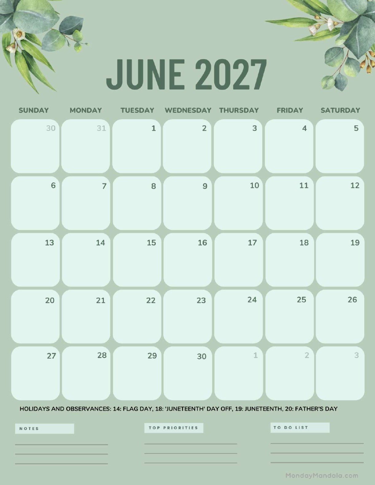 June 2027 Calendar Printable Green Portrait