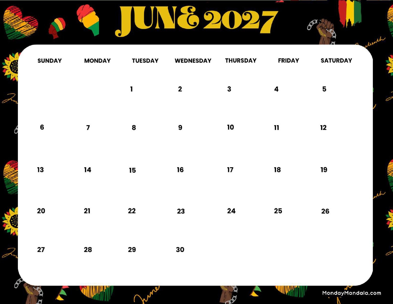 June 2027 Calendar Printable Juneteenth 2 Landscape