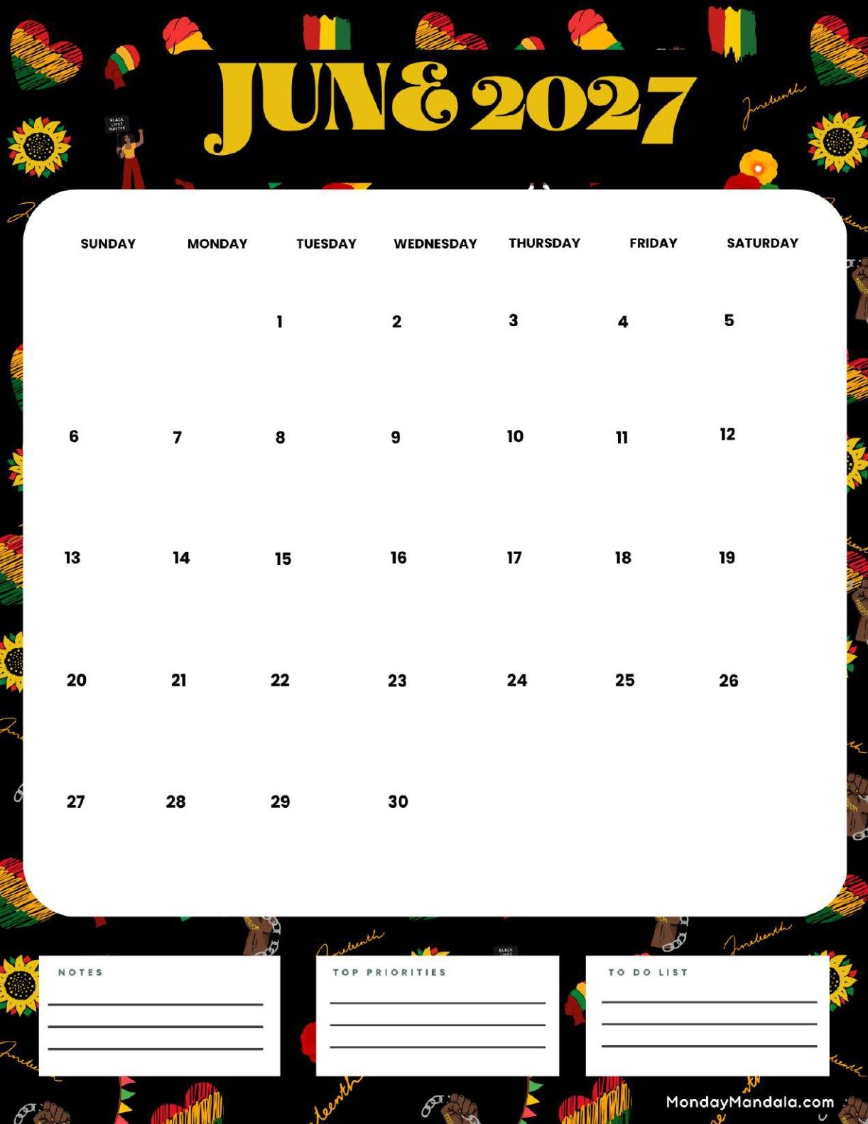 June 2027 Calendar Printable Juneteenth 2 Portrait