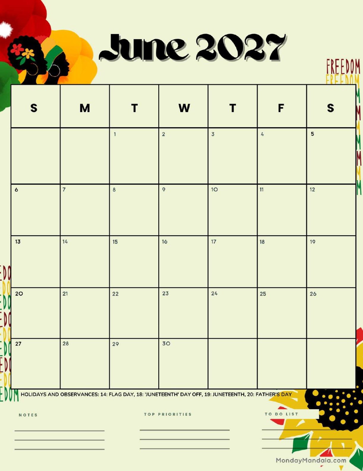 June 2027 Calendar Printable Juneteenth Portrait