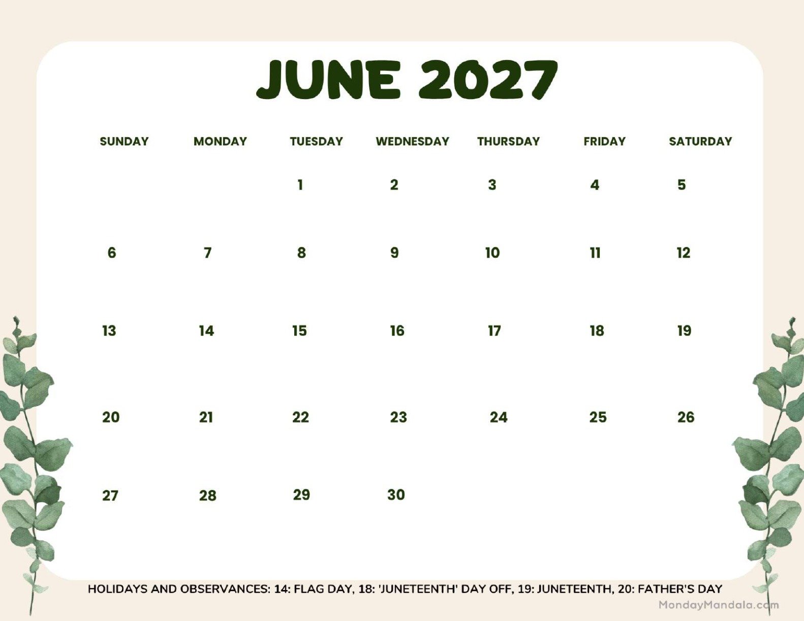 June 2027 Calendar Printable Leaves Landscape