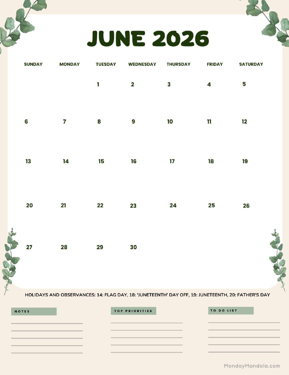 June 2027 Calendar Printable Leaves Portrait