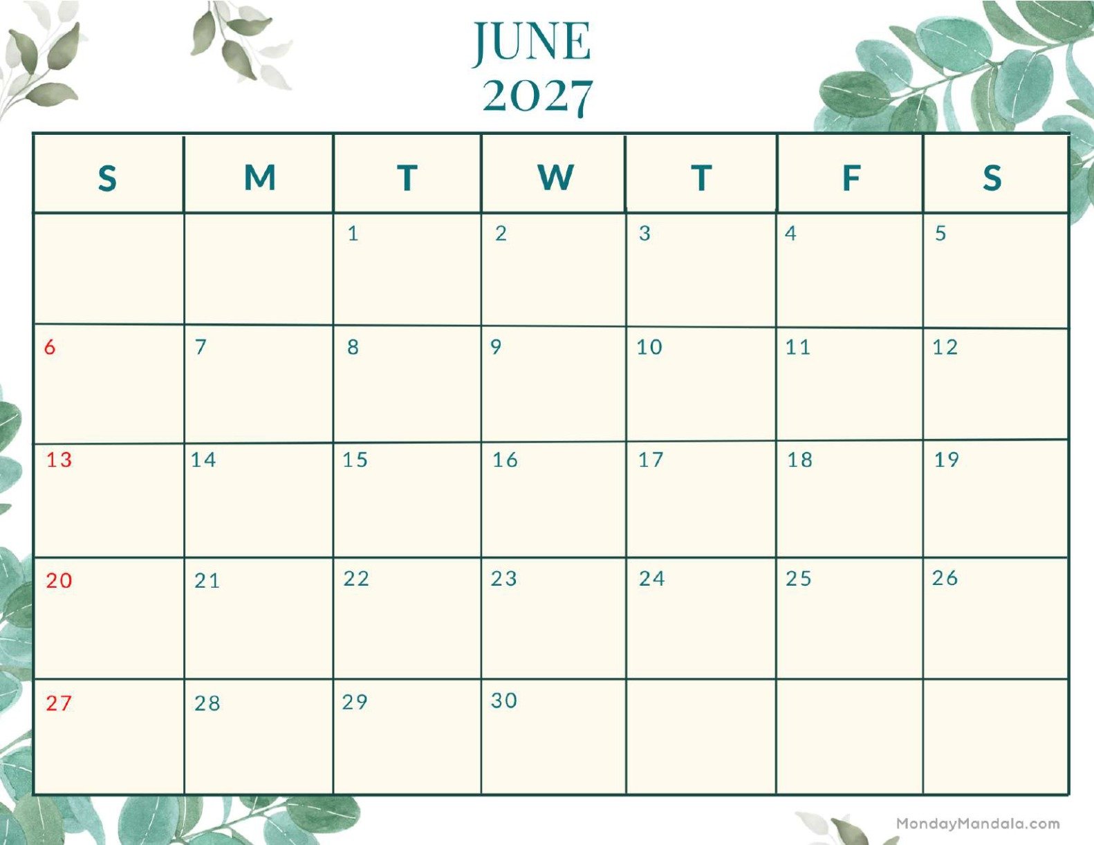June 2027 Calendar Printable Nature Landscape