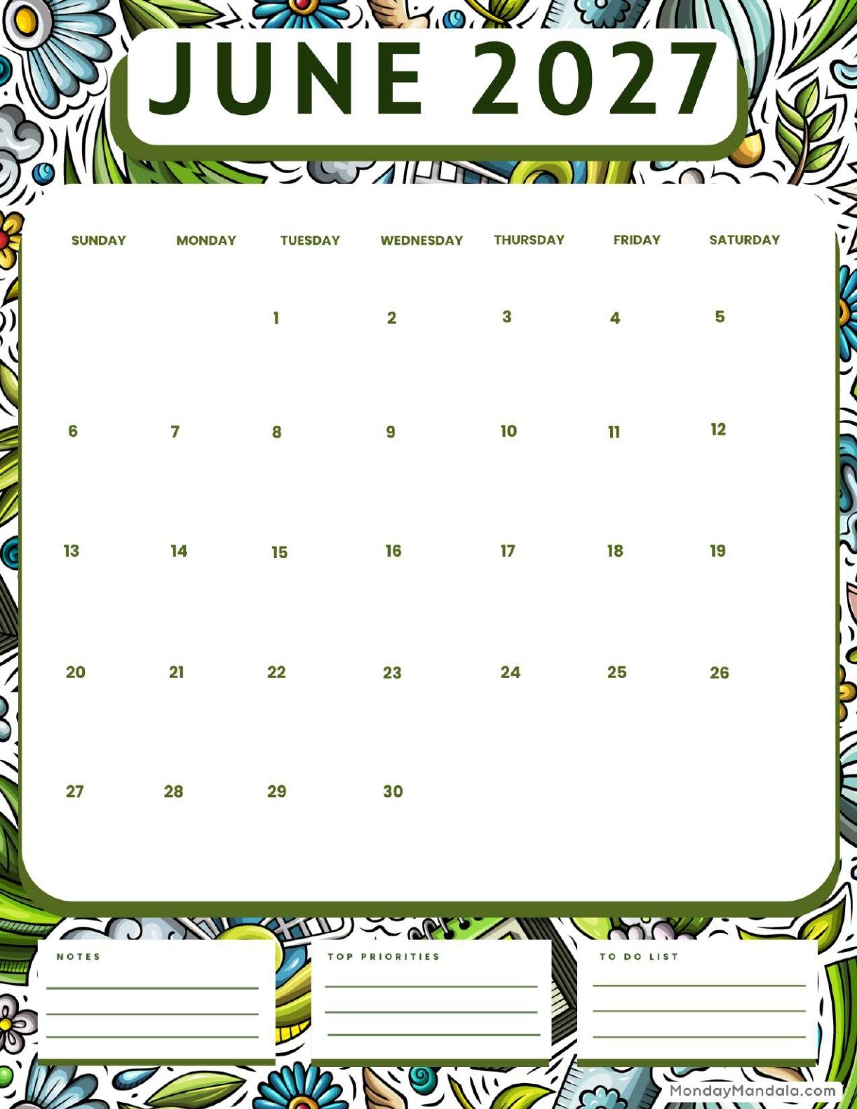 June 2027 Calendar Printable Spring Portrait