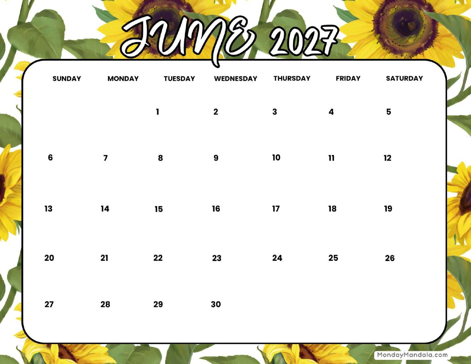 June 2027 Calendar Printable Sunflowers Landscape