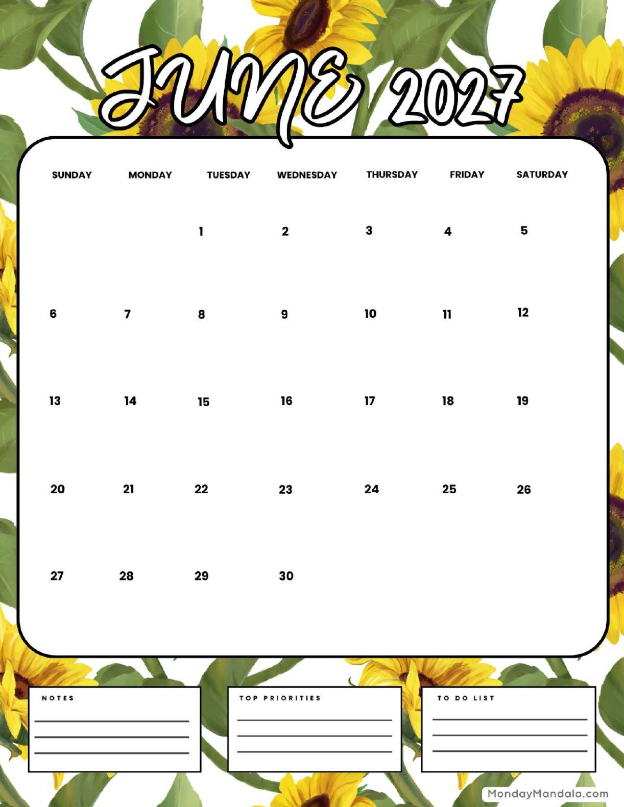 June 2027 Calendar Printable Sunflowers Portrait