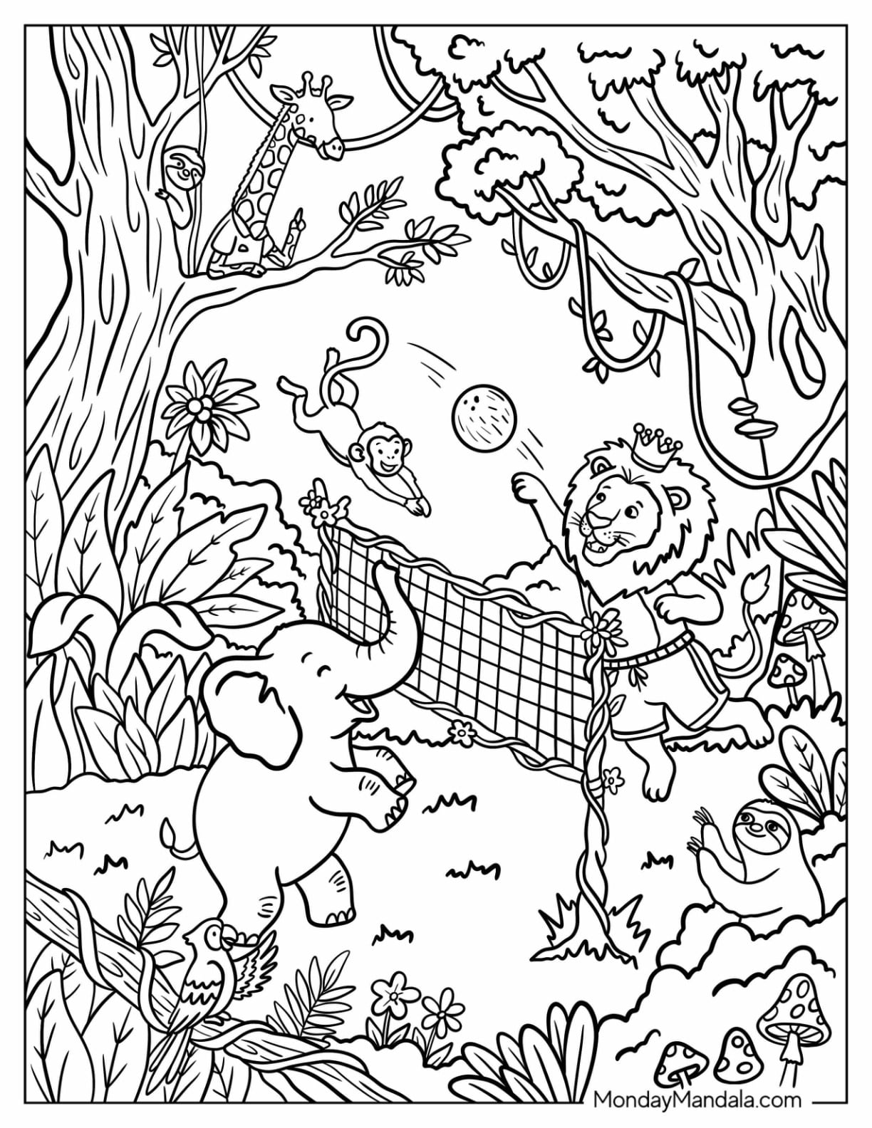 Jungle Animals Playing Volleyball in a Forest Coloring Page