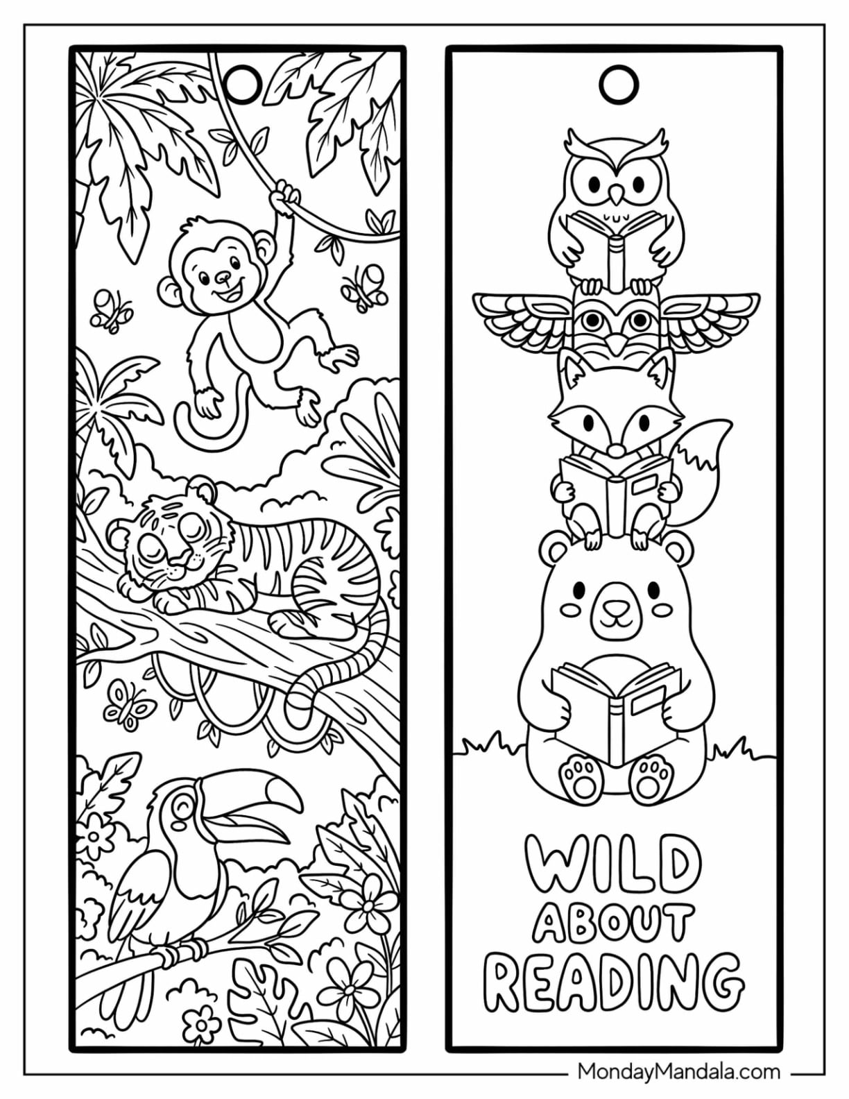 Jungle Animals and Wild About Reading Animal Stack Bookmark Coloring Page for Kids